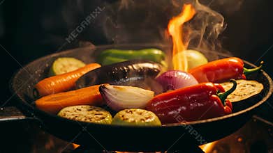 Grilled Vegetables in Frying Pan with Fire Flames and Smoke on Black Background