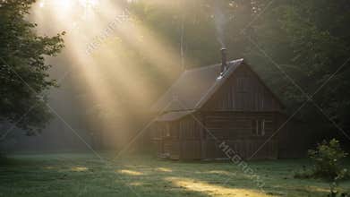 Wooden Cabin in a Lush Forest with Golden Sun Rays Streaming Through the Trees