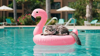 Gray Striped Cat Relaxing on Pink Flamingo Float in Turquoise Swimming Pool