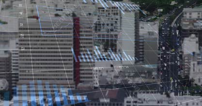 Financial data being visualized over aerial city view, with grid lines, bar charts and line graphs