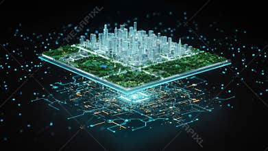 Digital Cityscape Hologram Overlay and Green Landscape on Black Background