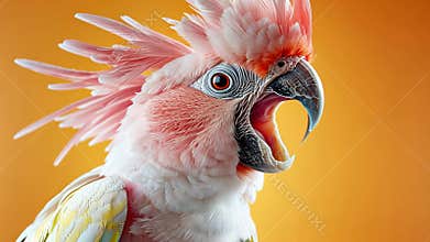 Vibrant close-up of pink cockatoo with open beak against orange background