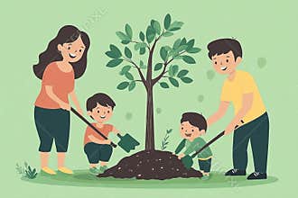 Family planting a tree together illustration symbolizing growth and environmental awareness