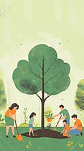 A family planting a tree together in a green field, promoting environmental awareness and unity