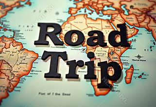A creative travel-themed photograph featuring black 3D letters spelling "Road Trip"