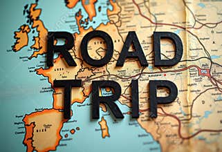A close-up photograph of a map of Europe with black 3D letters spelling "ROAD TRIP" placed on top.
