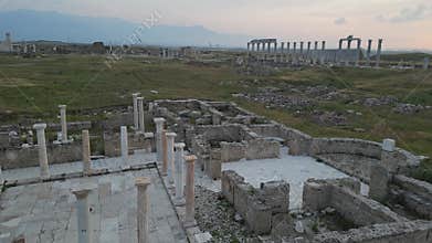 Diagonal aerial flight over ruins of Laodicea in Turkiye