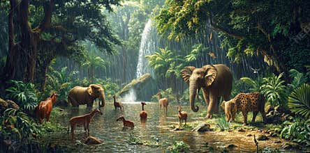 Animals Gather By Waterfall In Tropical Forest During Rainy Season
