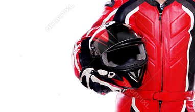 Biker holding his helmet