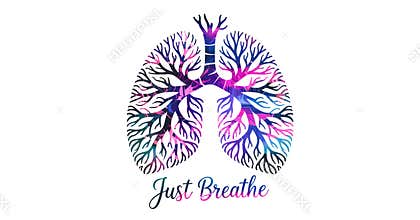 Vibrant Artistic Illustration of Human Lungs Featuring Tree-Like Branching and Just Breathe Text for Health Advocacy