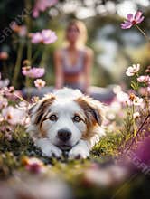 Adorable dog stretching in the foreground in a blooming flower garden