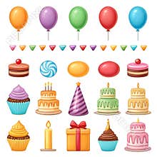 Colorful birthday party elements including balloons, cakes, cupcakes, candies, and decorations