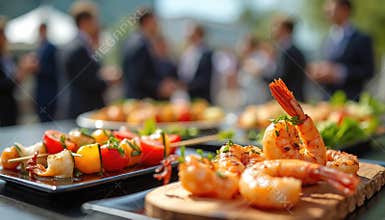 Business event catering with grilled shrimp, vegetable skewers. People networking at conference. Buffet lunch with delicious