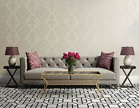 Vintage elegant living room with grey velvet sofa