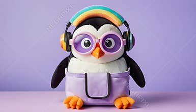 A penguin toy with rainbow visor glasses, fuzzy earmuffs