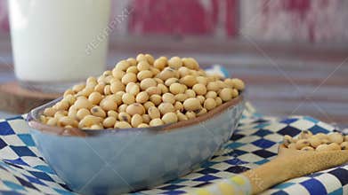 Soybeans in a bowl on a checkered tablecloth