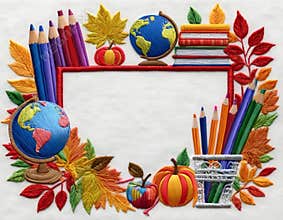Back to School Autumn Frame with Books globe and Leaves – Watercolor Illustration