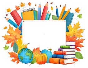 Back to School Autumn Frame with Books globe and Leaves – Watercolor Illustration