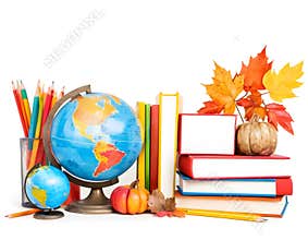 Back to School Autumn Frame with Books globe and Leaves – Watercolor Illustration