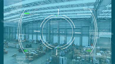 Pulsing HUD driving camera with forklift placing pallet and worker pushing cart monitoring flow