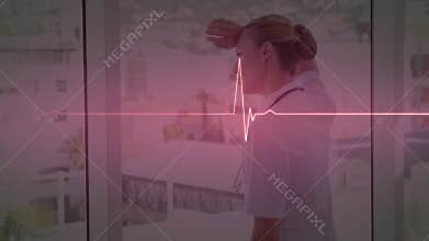 Nurse lifting arm to shade brow after sun glare triggers observing city with pulsing ECG