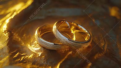 Elegant Wedding Rings Shining on Golden Background Symbolizing Love and Commitment in a Romantic Atmosphere. Generative