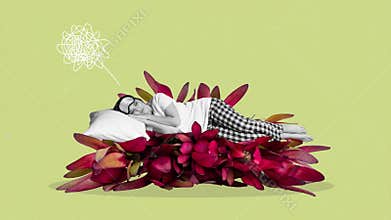 Motion poster art collage video of happy girl lay pillow wildflower sleepover