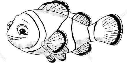 Cartoon clownfish swimming happily in coral reef habitat with simple outlines and playful expression