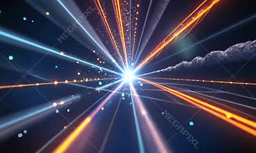 Futuristic sci-fi light tunnel with glowing particles and energy trails in deep space.