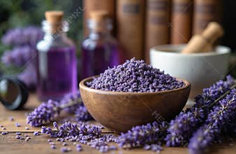 Bowl dry lavender flowers, essential oil bottles, mortar on wooden surface. Herbs, old books, flowers on background. Traditional