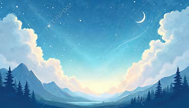 Beautiful cartoon illustration of starry sky, night sky. Anime style shows blue pastel sky, moon, shooting star, clouds,