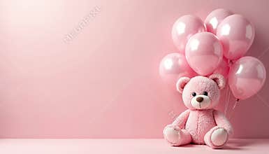Pink balloons, cute teddy bear against pink backdrop. Happy birthday concept, ideal child celebration. Perfect for baby showers,