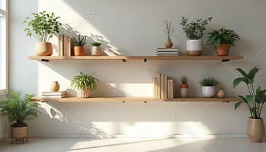 Minimalist office interior with wooden shelves. Potted plants, books, decorations against white wall. Bright lighting, shadow.