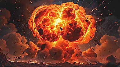 Dramatic fireball detonation, vivid flame sparkles and debris, Generative AI