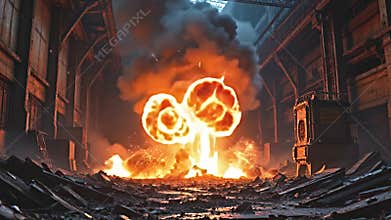 dystopian burst of 3D flashes indium an abandon industrial site, Generative AI