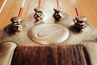 Strings and tailpiece on a Gypsy acoustic guitar