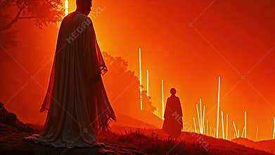 Esoteric figure on the leftmost edge, shrouded in flowing fabrics, Generative AI