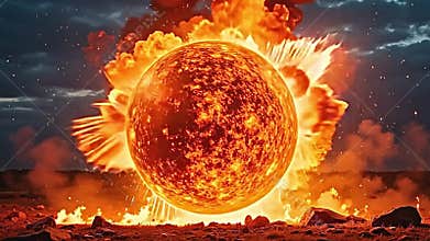 Fiery sphere explodes kaleidoscopic render, clipped, extreme Generative AI
