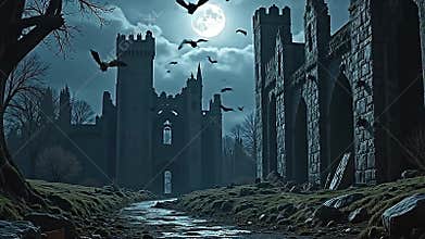 abandon castling ruins, moon stream done nuts walls, nuts flit Generative AI
