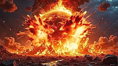 cataclysmic explosion, fiery sphere at the center, fragments of Generative AI