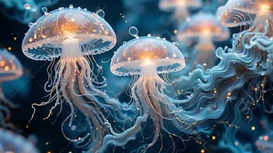 Abyssal Luminance - 4K Bioluminescent Jellyfish in Ethereal Depths for Oceanic Fantasy & Calm Wallpapers