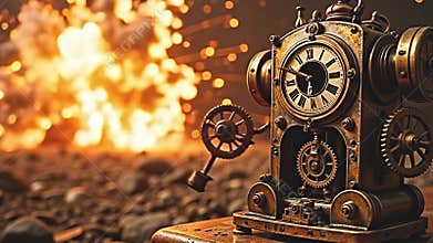 Gears shatter outward in a jubilant, metallic supernova, driven by Generative AI