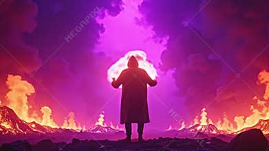 A towering silhouette amidst conflagrant flames, an unseen subject Generative AI