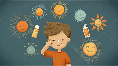 Engaging illustrations show a child exploring sun safety practices with cheerful sun characters and product
