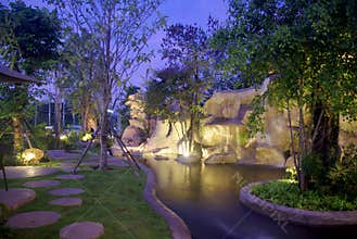 Waterfall in the garden at night