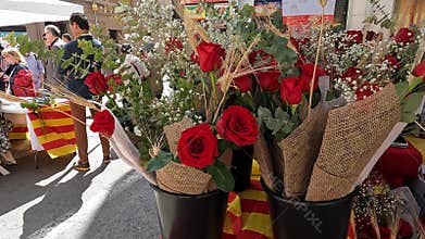 Barcelona, Spain-June 24, 2025. Customers buying roses at a stall decorated with the catalan flag during saint george\'s day