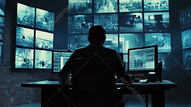Man working in high-tech surveillance room with multiple monitors and screens, analyzing data and video feeds