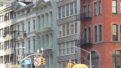 New York City building architecture, Manhattan. Residential house exterior. Red brick, Fifth avenue.
