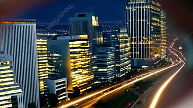 The reflection inside the eye changes dynamically, depicting different scenes: skyscrapers, hotels and office buildings at night