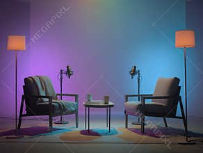 A minimalist, inviting podcast studio with a small round table and two chairs, microphones, coffee mugs, tall lamps, ambient